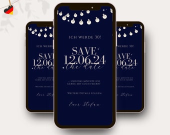 Ecard Save the Date Geburtstag Whatsapp, Digitale Einladung Geburtstagsparty blau, 18 21 30 40 50 60 70 Geburtstagseinladung, Safe the Date