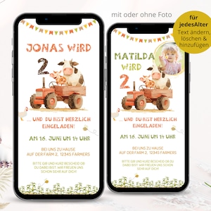 Digitale Einladung Kindergeburtstag Traktor, Einladung ecard Geburtstag Junge Mädchen, Kinder Geburtstagseinladung Bauernhof Farm, Whatsapp