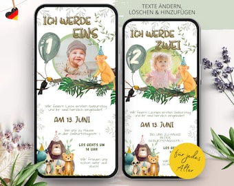 Digitale Einladung Kindergeburtstag, 1. Geburtstag digital personalisierte Einladungskarten Foto, eCard Dschungel Party Einladung Whatsapp