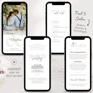 Hochzeitseinladung digital, Einladung Hochzeit digital mit Foto und Ablaufplan, Einladungskarten Hochzeit deutsch, Standesamt Whatsapp weiß