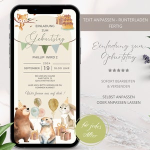 Digitale Einladung Kindergeburtstag Wald, personalisierte Einladungskarten Geburtstag Waldtiere, Vorlage Whatsapp Geburtstagseinladung ecard