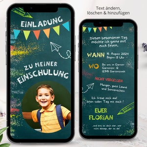 Einschulung Einladung Digital Mädchen WhatsApp, Einladung zum Schulanfang, Personalisierte Einladungskarte Foto Junge, Tafel Kreide, Ecard