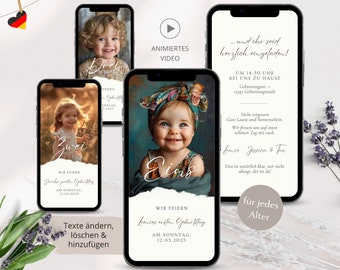Digital invitation 1st birthday, digital personalized invitation cards for children's birthday photo, eCard invitation girl boy WhatsApp
