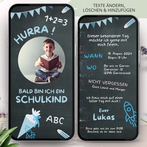 Ecard Einschulung Einladung WhatsApp, Einladung zum Schulanfang, Digitale Personalisierbare Einladungskarte Junge Mädchen Foto, erste Klasse