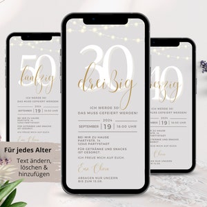 Digitale Einladung Geburtstag 30 40 50 60, ecard Geburtstag, Geburtstagseinladung Frau, elektronische Einladungskarte deutsch, Whatsapp grau