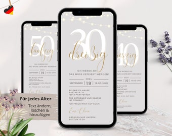 Digitale Einladung Geburtstag 30 40 50 60, ecard Geburtstag, Geburtstagseinladung Frau, elektronische Einladungskarte deutsch, Whatsapp grau