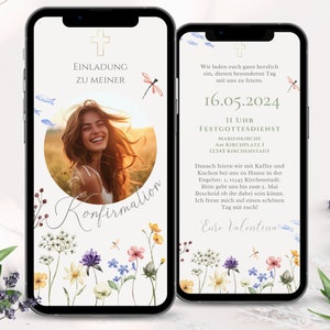 Digitale Einladungskarten Konfirmation Mädchen Blumen, personalisierte Einladung Konfirmation mit Foto, Vorlage Konfirmationseinladung eCard