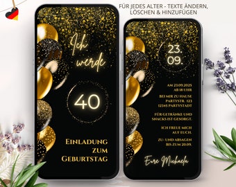 Digitale Einladung Geburtstag Whatsapp, ecard Geburtstagsfeier Party, Vorlage Geburtstagseinladung, Einladung 30 40 50 Geburtstag Frau gold