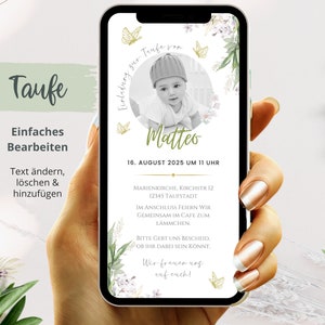 ecard Einladung Taufe digital, Einladungskarten Taufe personalisiert, Save the Date Taufe, Foto, Taufeinladung Junge, Whatsapp, Eukalyptus