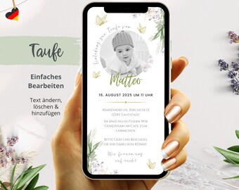 May include: A digital invitation for a baby's christening with a floral design and a photo of the baby. The invitation includes the baby's name, Matteo, the date and time of the christening, and the location. The text reads "Einladung zur Taufe von Matteo 16. August 2025 um 11 Uhr Marienkirche, Kirchstr 12 12345 Taufstadt Im Anschluss feiern wir gemeinsam im Cafe zum Lämchen. Bitte gebt uns Bescheid, ob ihr dabei sein könnt. Wir freuen uns auf euch!"