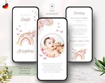 May include: A digital invitation for a baby's christening. The invitation features a rainbow with a floral design and the text "Einladung zur Taufe von Josephine". The invitation also includes a photo of the baby girl wearing a flower crown.