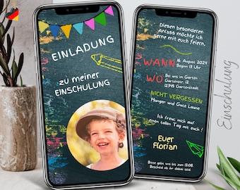Ecard Einschulung Einladung WhatsApp, Einladung zum Schulanfang, Digitale Personalisierbare Einladungskarte Foto Mädchen Junge, Tafel Kreide