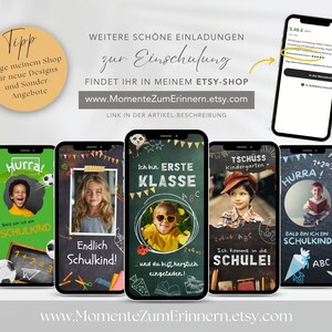 May include: Four printable phone backgrounds for a school-aged child. Each background features a chalkboard design with colorful accents and text. The text includes "Hurra!" "Endlich Schulkind!" "Ich bin ERSTE KLASSE" and "TSCH&Uuml;SS Kindergarten".