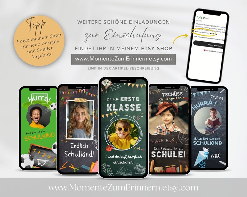 May include: Four printable phone backgrounds for a school-aged child. Each background features a chalkboard design with colorful accents and text. The text includes "Hurra!" "Endlich Schulkind!" "Ich bin ERSTE KLASSE" and "TSCH&Uuml;SS Kindergarten".