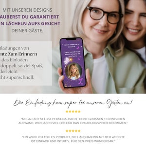 May include: Two women are smiling and holding a smartphone with a purple background and a photo of a young girl. The text on the screen reads "Einladung zum Erinnern" and "Die Einladung kam super bei unseren G&auml;sten an!"