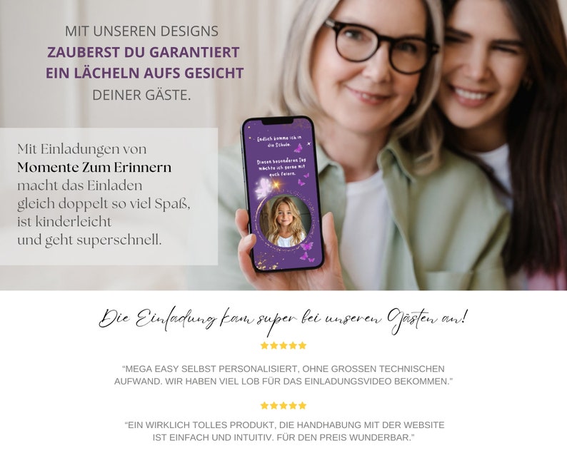 May include: Two women are smiling and holding a smartphone with a purple background and a photo of a young girl. The text on the screen reads "Einladung zum Erinnern" and "Die Einladung kam super bei unseren G&auml;sten an!"