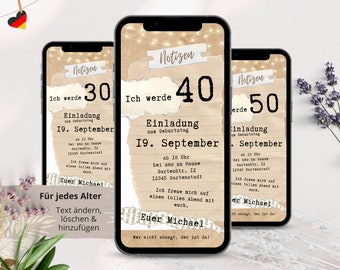 Digitale Einladung Geburtstag Whatsapp, Retro Einladungskarten Mann Frau, Geburtstagseinladung Handy eCard Geburtstag 30 40 50 Canva Vorlage