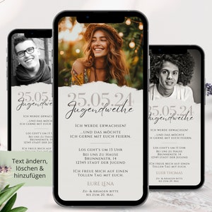 May include: Three smartphone screens with a torn paper design. Each screen features a different person's photo and text that reads "35.05.24 Jugendweihe" and "I am becoming an adult! ...and I would like to celebrate with you."  The text also includes the date and time of the event, the location, and the name of the person celebrating.