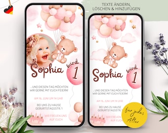 Digitale Einladung Kindergeburtstag 1 Geburtstag, digital personalisierte Einladungskarten Mädchen Foto, eCard Geburtstageinladung WhatsApp