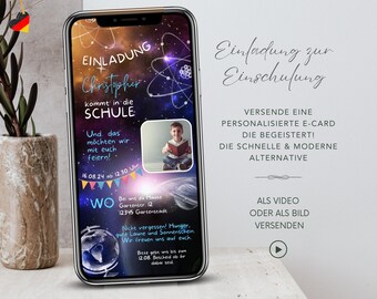 Einschulung Einladung Digital versenden mit WhatsApp, Ecard Einladungskarte Schulanfang mit Foto Junge, Einladung Schuleinführung Astronomie