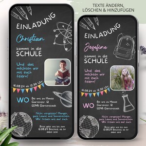 Ecard Einschulung Einladung WhatsApp, Einladung zum Schulanfang, Digitale Personalisierbare Einladungskarte Foto Mädchen Junge, Tafel Kreide