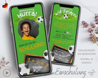 eCard Einladung Einschulung personalisiert, Digitale Einladungskarte Schulanfang Jungs, Schuleinführung Vorlage originelle Einladung Fußball