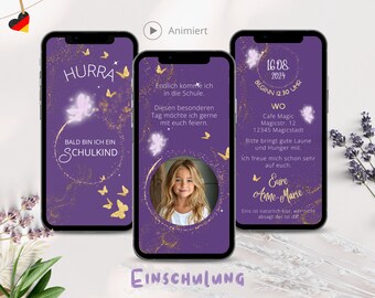 Digitale Einladung Einschulung Whatsapp, Einladung Schulanfang Mädchen mit Foto, ecard Einschulung Schuleinführung Vorlage Einladungskarten