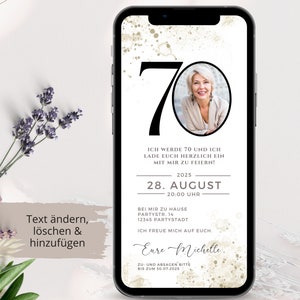 Digitale Einladung 70 Geburtstag Frau, Whatsapp Geburtstagseinladung digital, Einladungskarten 70 Geburtstag personalisiert, Ecard mit Foto