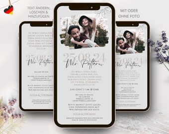 May include: A digital invitation for a pottery party. The invitation features a couple in a photo, a date, and the text "Wir Poftern" in a handwritten font. The invitation also includes the time and location of the party, as well as a request for guests to bring good vibes and sunshine.