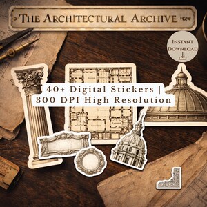 May include: A collection of digital stickers with architectural designs, including columns, domes, and building plans. The stickers are in black and white, with the text "The Architectural Archive" at the top. The image also includes the text "40+ Digital Stickers | 300 DPI High Resolution".