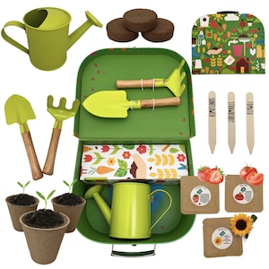 Kids Gardening Set w/ 2 Garden Tools, Watering Can, 3 Different Seeds, Educational & Creative Thinking Gift for Kids