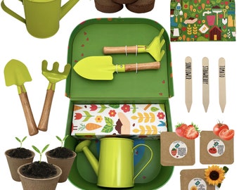 Kids Gardening Set w/ 2 Garden Tools, Watering Can, 3 Different Seeds, Educational & Creative Thinking Gift for Kids