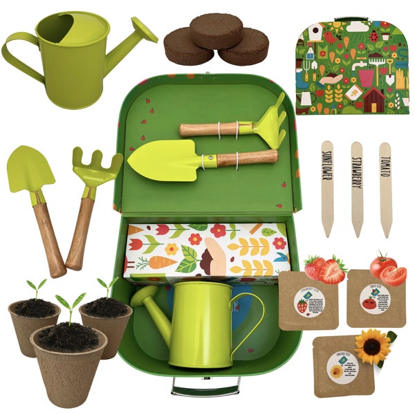 Kids Gardening Set w/ 2 Garden Tools, Watering Can, 3 Different Seeds, Educational & Creative Thinking Gift for Kids