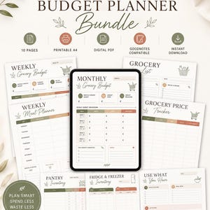 Op de afbeelding: Een digitale boodschappenbudgetplanner-bundel met 10 printbare A4-pagina's. De set bevat sjablonen voor wekelijkse budgetten, maaltijdplanning, boodschappenlijstjes, prijstrackers en inventarislijsten voor de voorraadkast en vriezer.