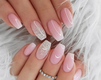 Coffin pink glitter ombré press-on nail kits, gorgeous silver and gold glitter, with french tip options