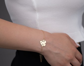 14K Solid Gold Leaf Bracelet, Gift For Her, Leaf Bracelet 14K, Birthday Gift, Personalized Jewelry Gift, Summer Bracelet, Bracelet For Women