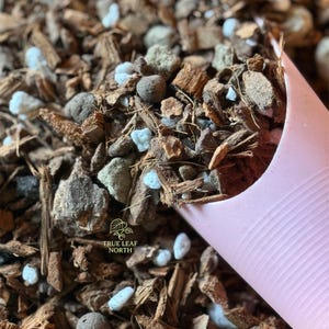 May include: Close-up of a soil mix with brown bark pieces, grey and tan stones, and white granules. A pink scoop is partially visible on the right. The text "TRUE LEAF NORTH" is printed on the soil mix.