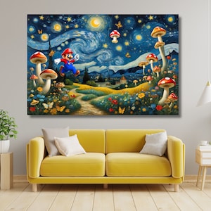 Super Mario Sternennacht Ansicht Leinwand Poster, Vintage Videospiel, Super Mario Bros Leinwand, Super Mario Wandkunst, Geburtstagsgeschenk, Geschenk für Kinder