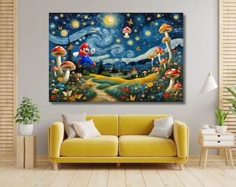 Super Mario Starry Night Canvas Poster: Vintage Video Game Wall Art