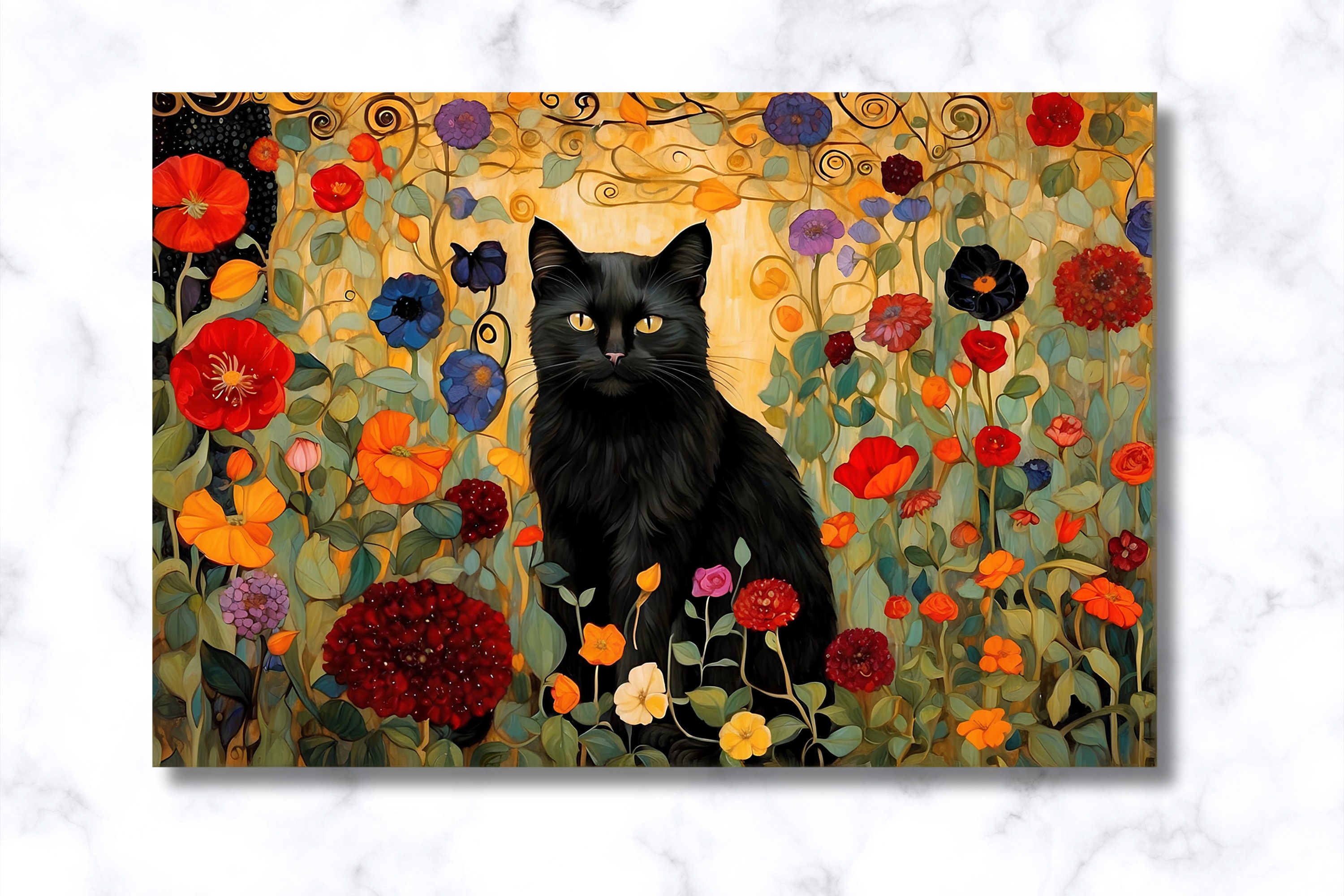 Black Cat Art Print: Gustav Klimt Style Canvas Poster - Etsy