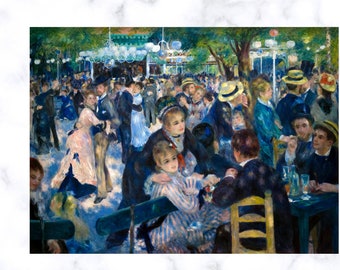 May include: A painting depicting a lively outdoor scene with people dancing and socializing. The painting features a vibrant color palette with shades of blue, green, yellow, and white. The figures are dressed in fashionable attire, and the scene is set in a park or garden with trees and lampposts.