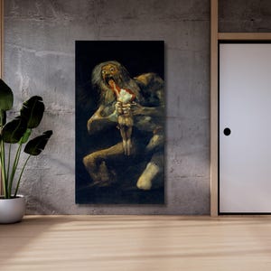 Könnte beinhalten: Ein Gemälde, das eine große, groteske Figur mit einem langen weißen Bart darstellt, die eine kleinere Figur in ihren Händen hält. Die größere Figur hat einen weit geöffneten Mund, der scharfe Zähne enthüllt. Das Gemälde ist dunkel und bedrohlich, mit einem Gefühl von Angst und Schrecken.