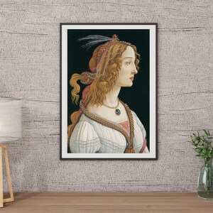 以下が含まれることがあります： ルネサンス様式の女性の横顔の肖像画の額入りアートプリント。女性は長く波打つ赤褐色の髪をしており、編み込みのネックラインとペンダントネックレスが付いた白いドレスを着ています。背景は濃い色です。