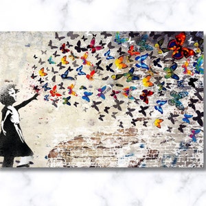 Graffiti Wandkunst Bunt Schmetterling Mädchen, Banksy Wandkunst, Leinwand Wandkunst, Banksy Wandkunst, Graffiti Kunst, Straßenkunst Bunte Schmetterlinge