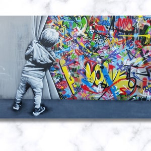 Child Pulling Back Curtain Canvas, Living Room Decor, Banksy Wall Art, Trendy Wall Decor, Urban Style Canvas,  Banksy Child Stage Canvas,