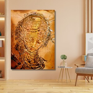 May include: Abstract painting of a face with gold and brown colors. The face is surrounded by swirling lines and shapes.