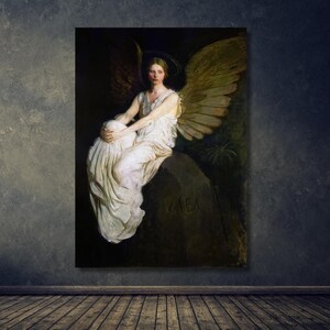 May include: A painting depicting an angel with large, feathery wings, seated on a rock. The angel is clad in a white gown and has long, flowing hair. The background is dark and enigmatic.