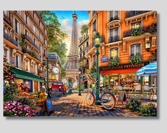 May include: A colourful illustration of a Parisian street scene with the Eiffel Tower in the background. The street is lined with shops and cafes, including a bakery with a sign that reads "Boulanger Patissier". There is a bicycle parked on the cobbled street, and flowers are in bloom.