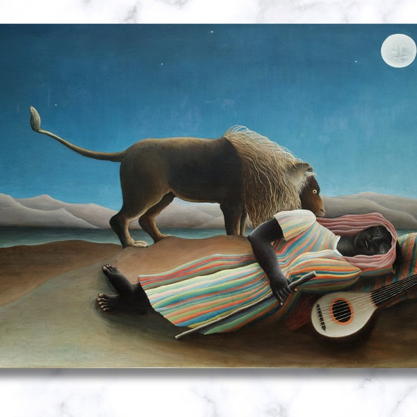 The Sleeping Gypsy, La Bohémienne Endormie, Henri Rousseau, Canvas Painting, Lion Sleeping Woman, Moonlit Night, MOMA, Best Gift Ideas
