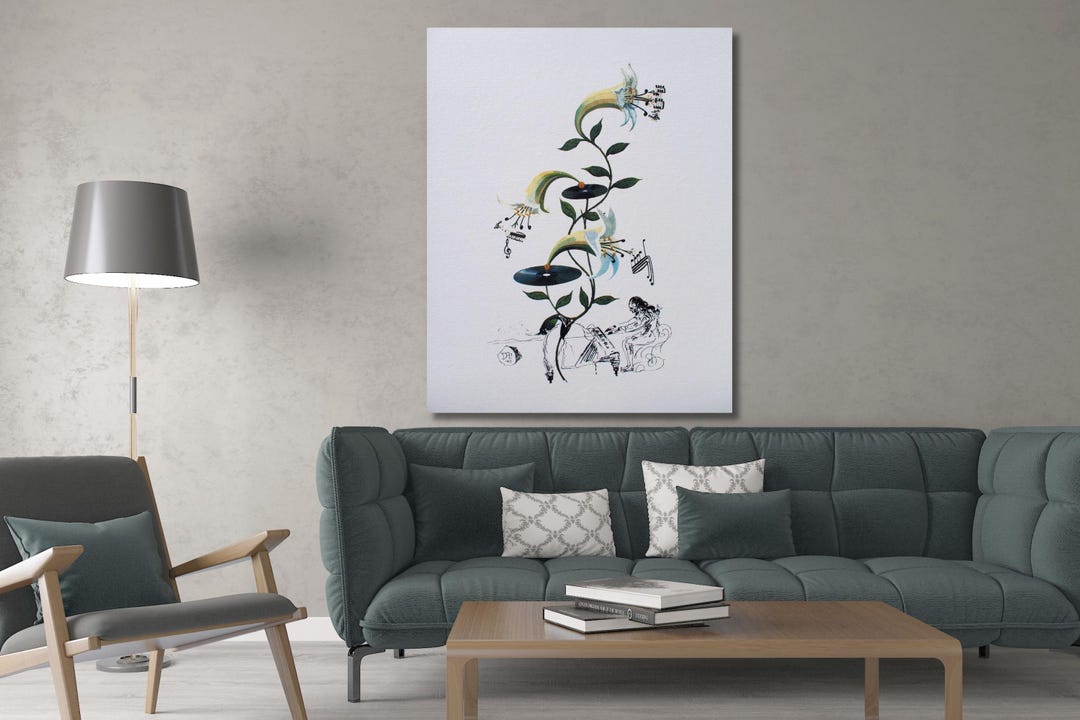 サルバドール・ダリのリトグラフ：音楽のユリとピアノのキャンバス